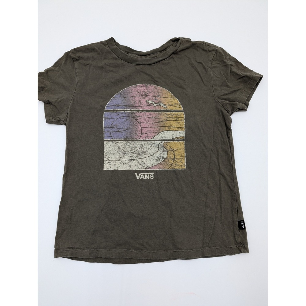 Vans Graphic T-Shirt Kids Small Distressed Beach Sunset Charcoal Grey Small